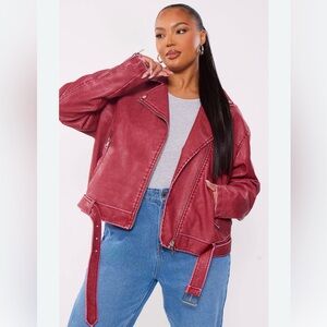 PrettyLittleThing Red Faux Leather Biker Jacket